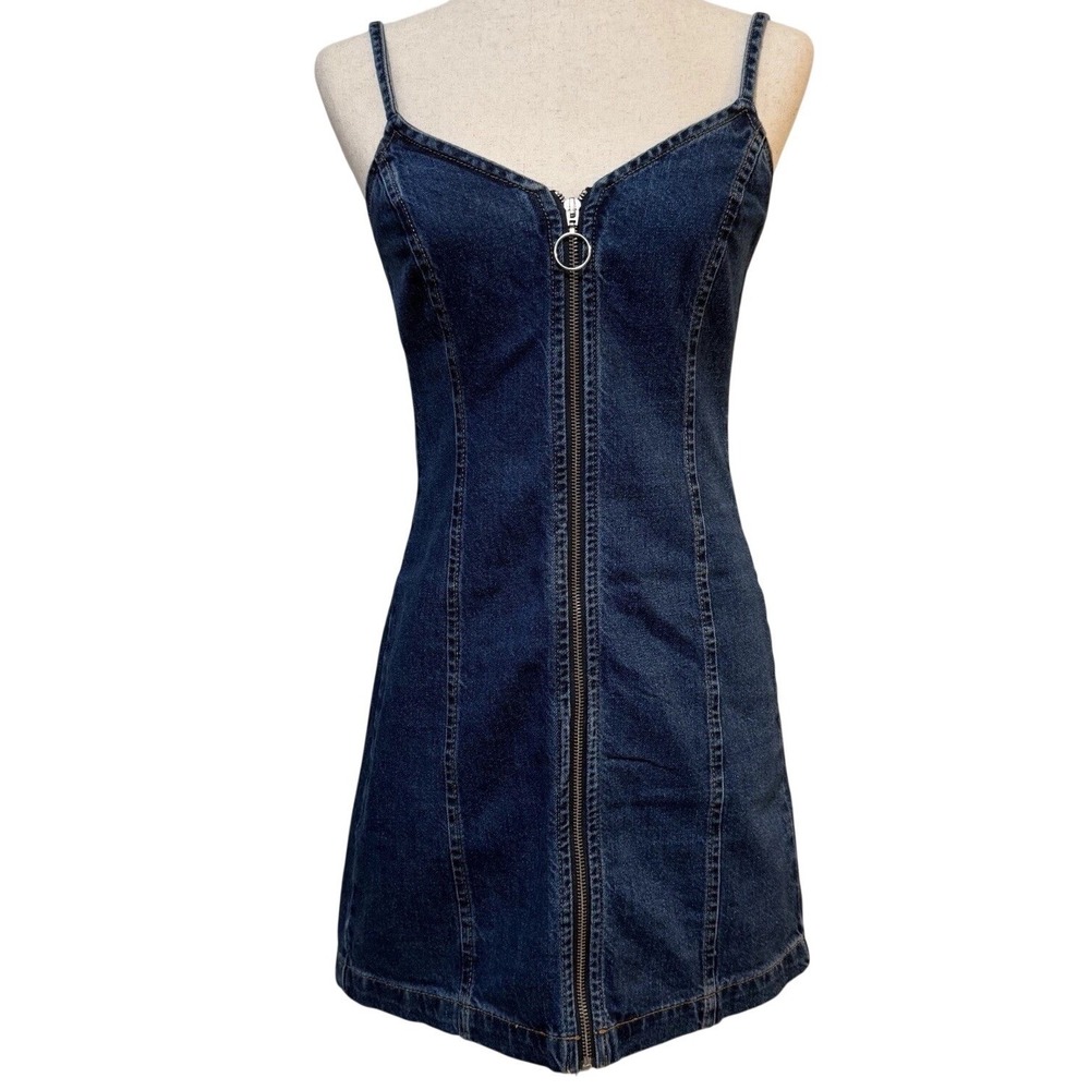 Topshop Moto Zip Front Denim Mini Dress‎ Size 2 Blue Grunge Street Style Chic